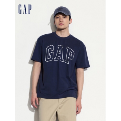 Gap【夏季爆款】男女裝2024新款撞色logo圓領短袖T恤純棉上衣544465 藏青色 175/96A(L) 亞洲尺碼